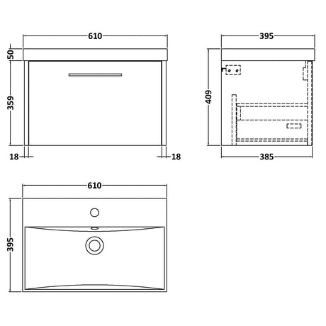 Hudson Reed Juno 600mm Wall Hung Vanity Unit & Basin, 1 Drawer Midnight Blue JNU2922D LD