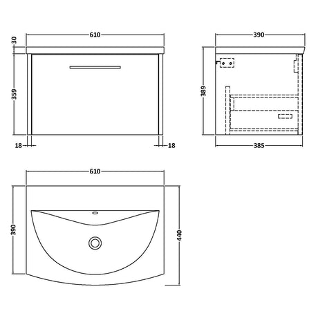 Hudson Reed Juno 600mm Wall Hung Vanity Unit & Basin, 1 Drawer Midnight Blue JNU2922G LD
