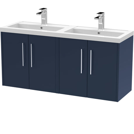 Hudson Reed Juno 1200mm Wall Hung Double Basin Vanity Unit & Basin, 4 Doors Midnight Blue JNU2923C