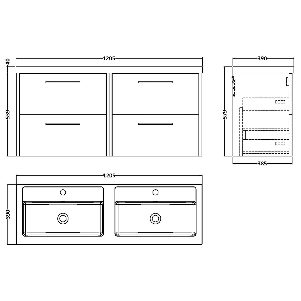 Hudson Reed Juno 1200mm Wall Hung Double Basin Vanity Unit & Basin, 4 Drawers Midnight Blue JNU2924C LD