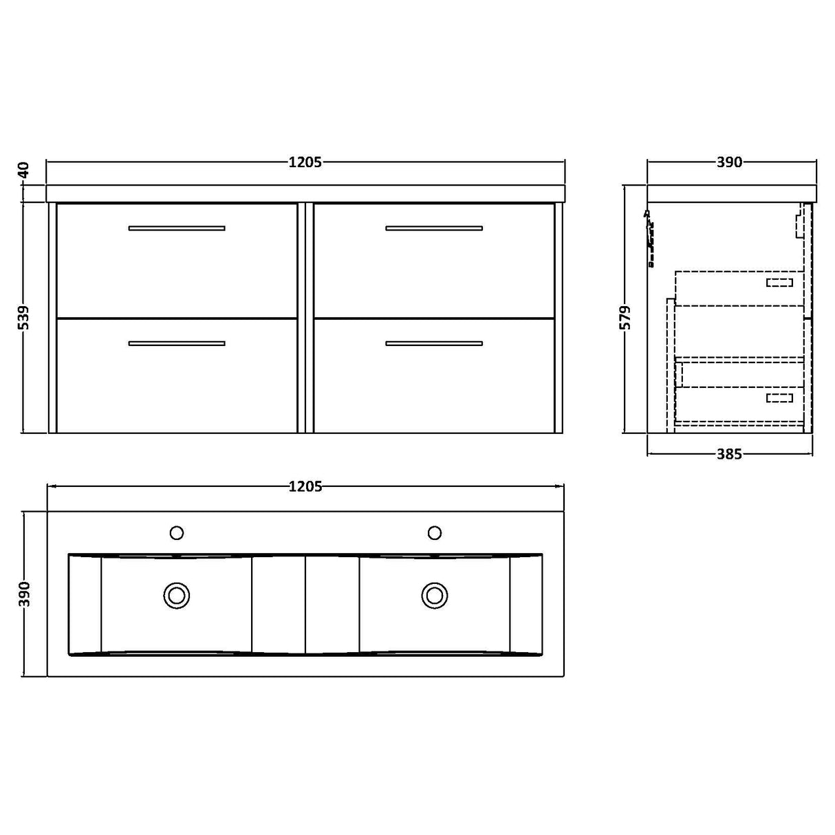 Hudson Reed Juno 1200mm Wall Hung Double Basin Vanity Unit & Basin, 4 Drawers Midnight Blue JNU2924F LD