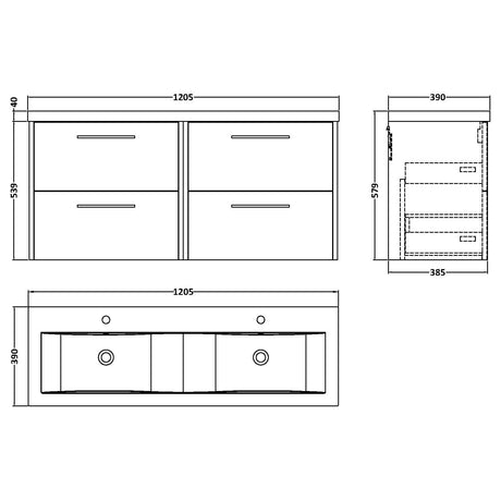 Hudson Reed Juno 1200mm Wall Hung Double Basin Vanity Unit & Basin, 4 Drawers Midnight Blue JNU2924F LD