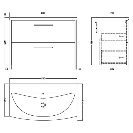 Hudson Reed Juno 800mm Wall Hung Vanity Unit & Basin, 2 Drawers Midnight Blue JNU2926G LD