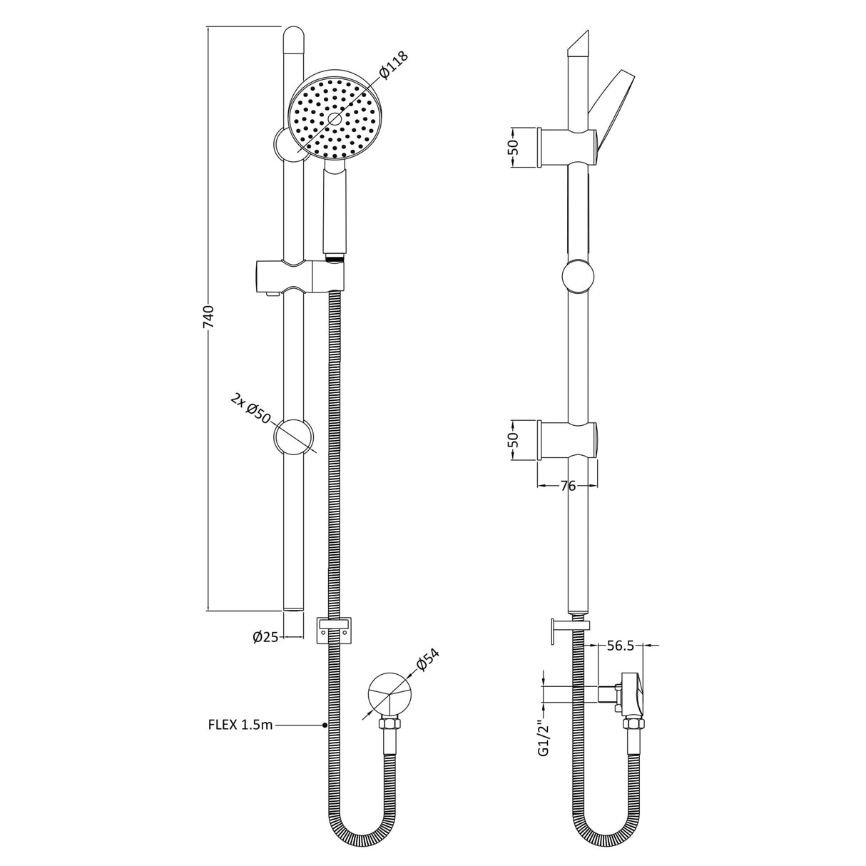 Nuie Single Function Round Sliding Rail Kit & Elbow Outlet Chrome JTY004 LD