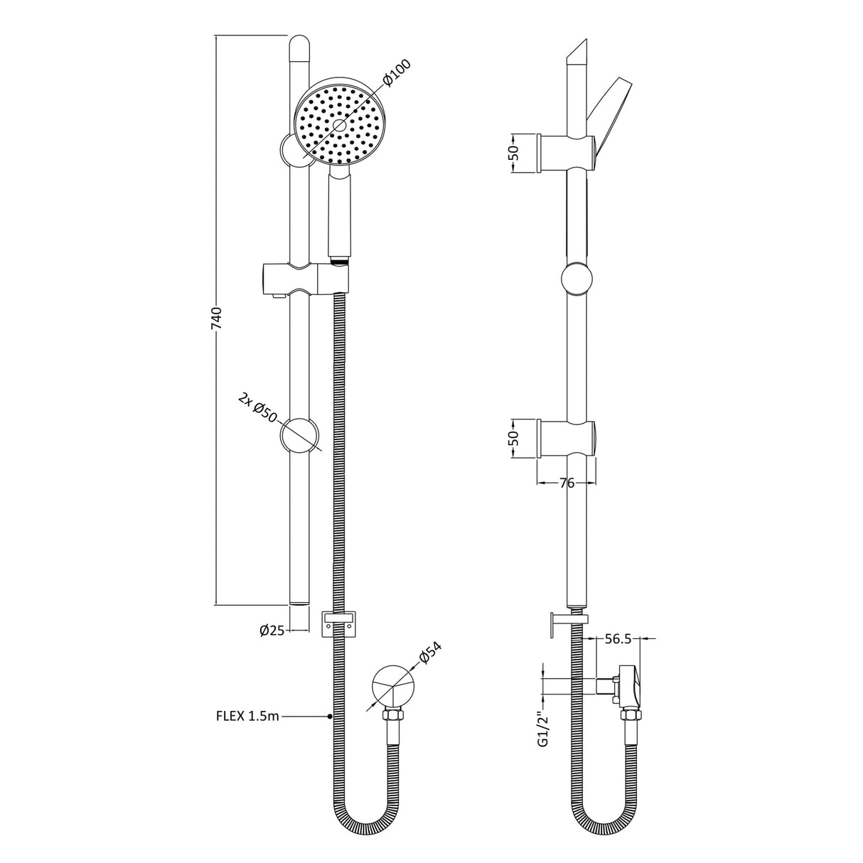 Nuie Water Saving Sliding Rail Kit & Elbow Outlet Chrome JTY035 LD