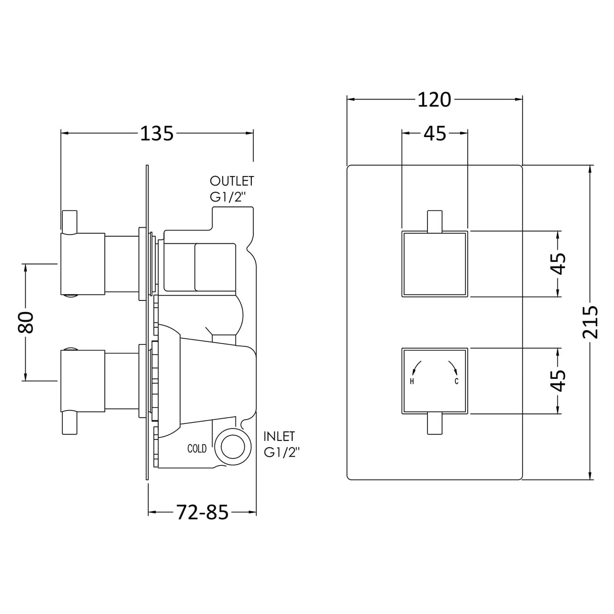 Nuie Square 1 Outlet Thermostatic Concealed Shower Valve Chrome JTY301 LD
