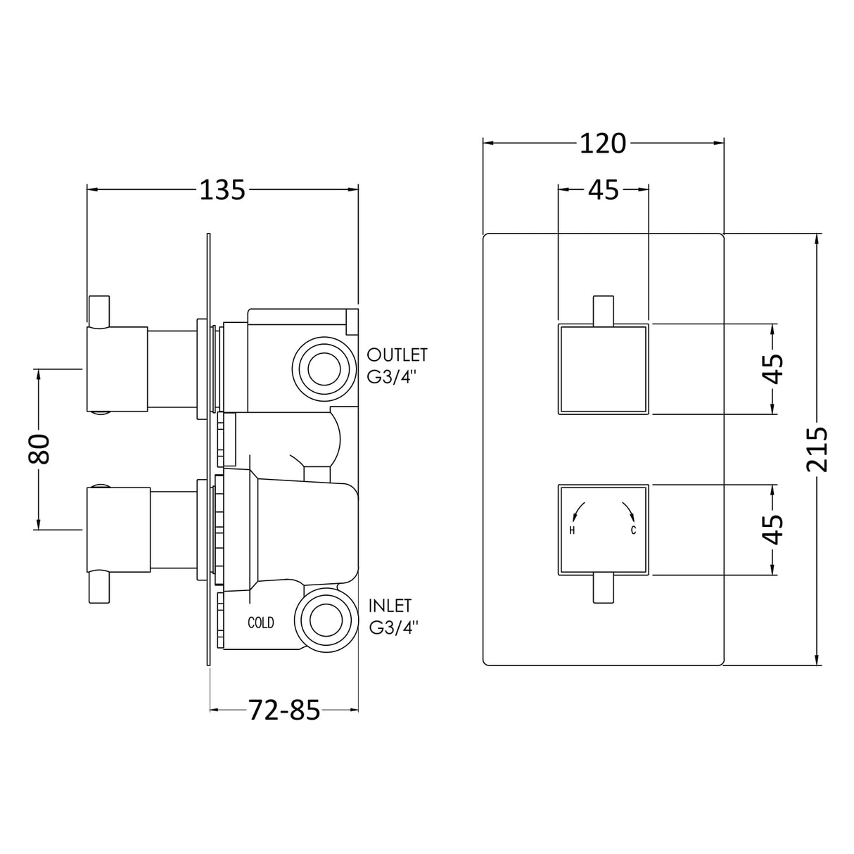 Nuie Square 2 Outlet Thermostatic Concealed Shower Valve With Diverter Chrome JTY302 LD