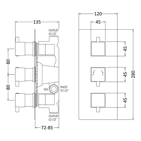 Nuie Square 2 Outlet Thermostatic Concealed Shower Valve Chrome JTY303 LD