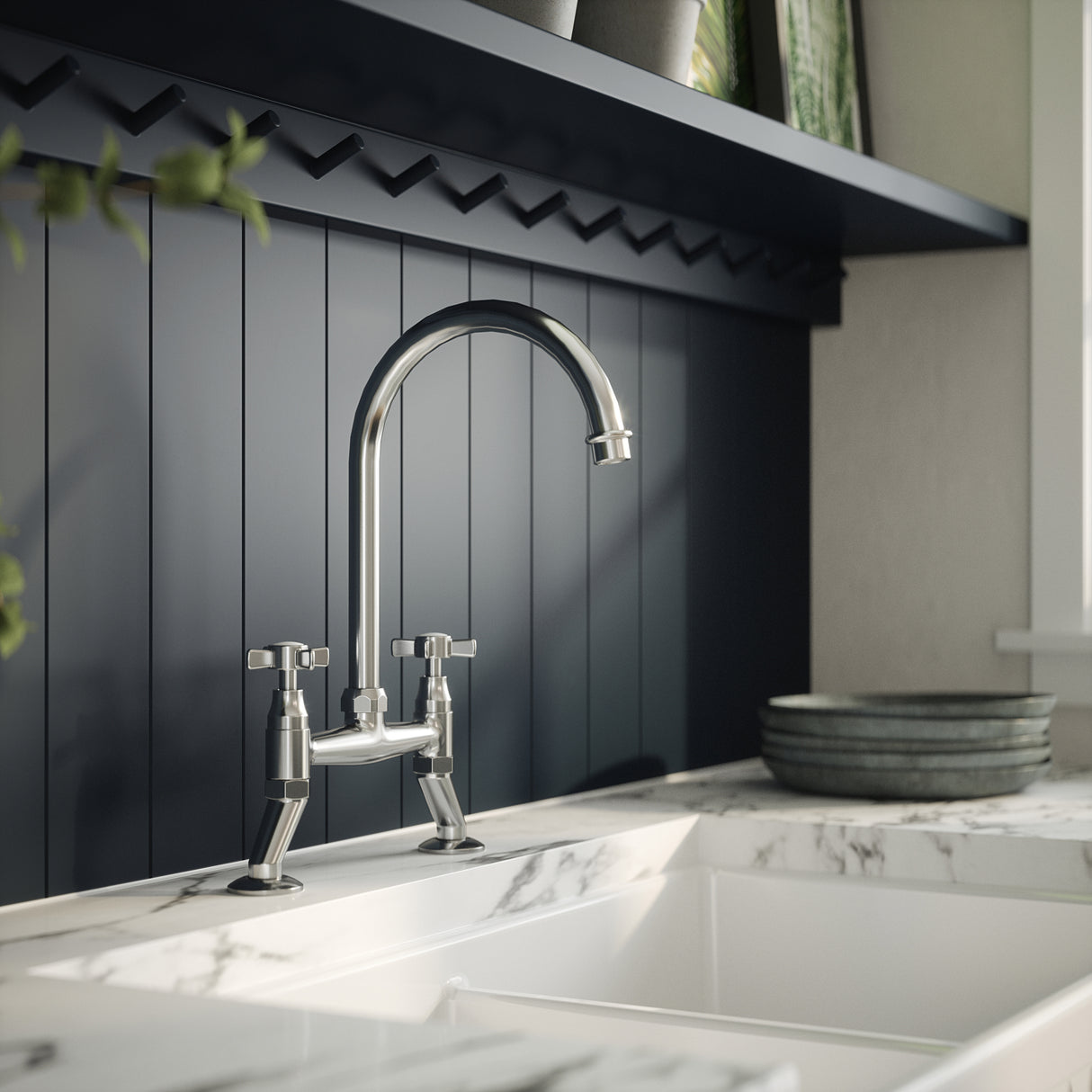 Nuie Traditional Bridge Style Two Handled Crosshead Kitchen Mixer Tap Chrome KB306 LS1