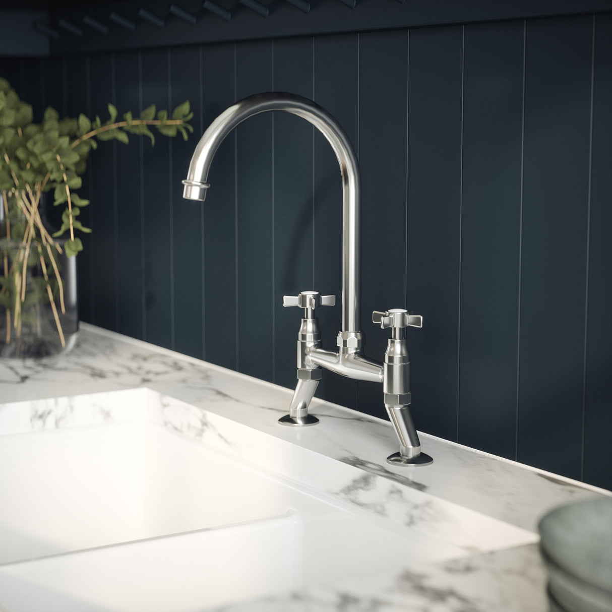 Nuie Traditional Bridge Style Two Handled Crosshead Kitchen Mixer Tap Chrome KB306 LS2
