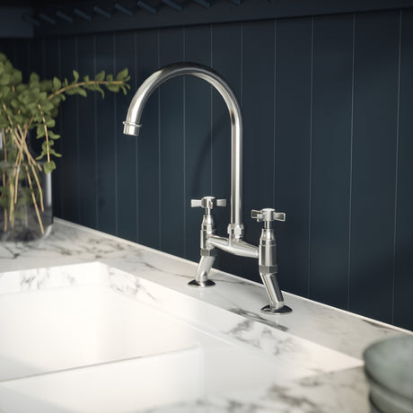 Nuie Traditional Bridge Style Two Handled Crosshead Kitchen Mixer Tap Chrome KB306 LS2