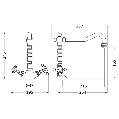 Nuie Classic Two Handled Crosshead Mono Kitchen Mixer Tap Brushed Nickel KB605 LD