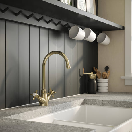 Nuie Traditional Two Handled Crosshead Mono Kitchen Mixer Tap Brushed Brass KB803 LS1