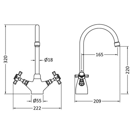 Nuie Traditional Two Handled Crosshead Mono Kitchen Mixer Tap Brushed Brass KB803 LD