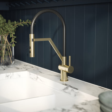 Nuie Ravi Single Lever Pull-Out Kitchen Mixer Tap Brushed Brass KRA805SL LS1