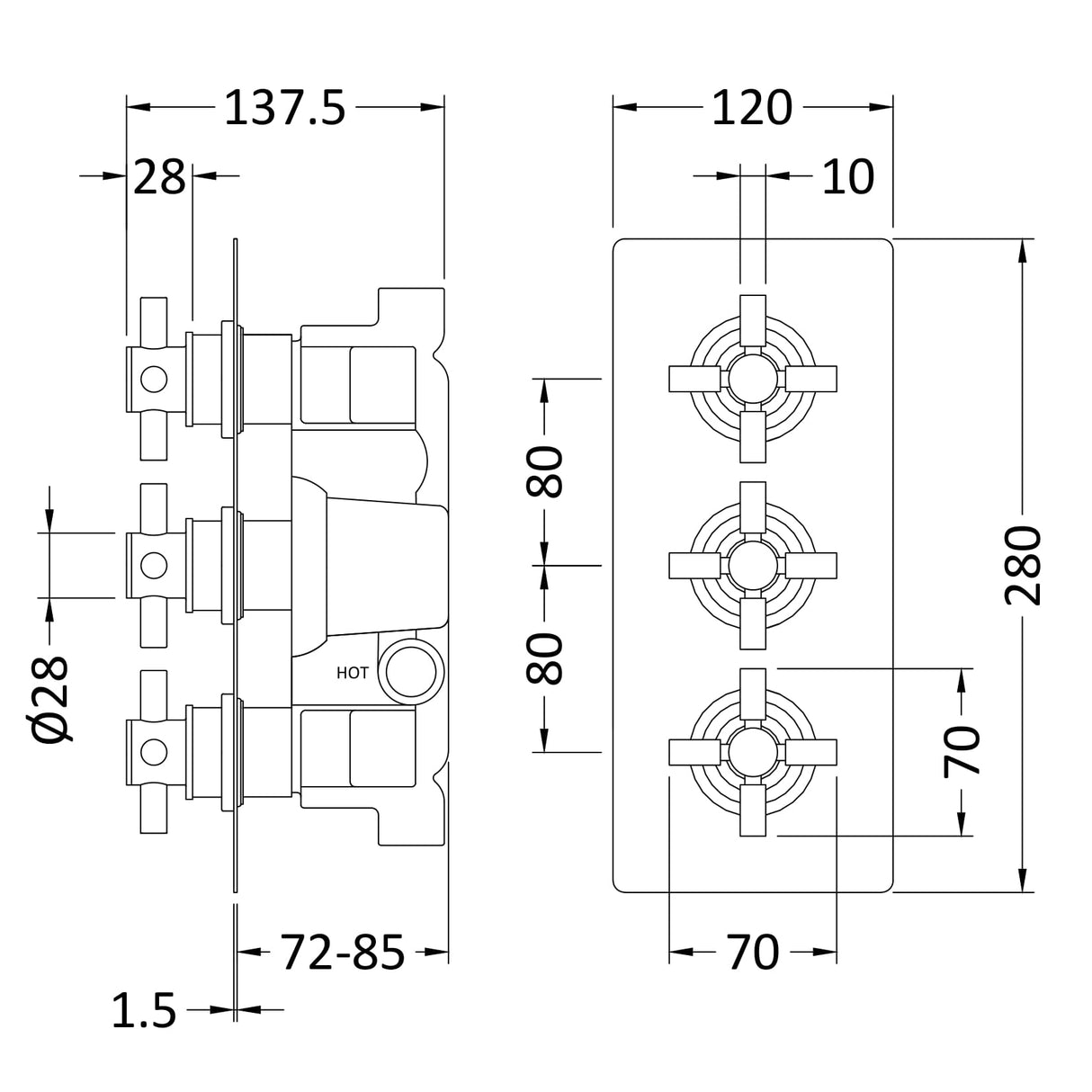 Hudson Reed Tec Crosshead 3 Outlet Thermostatic Concealed Shower Valve With Diverter Chrome KRI3023 LD