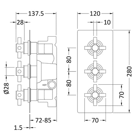 Hudson Reed Tec Crosshead 3 Outlet Thermostatic Concealed Shower Valve With Diverter Matt Black KRI4023 LD
