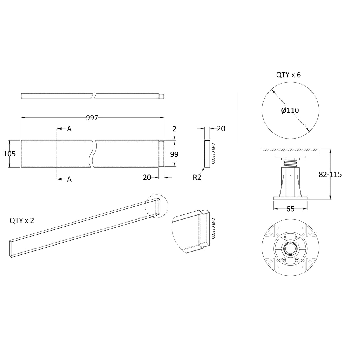 Nuie Leg & Plinth Set For 700-900mm Square & Rectangular Trays Grey Slate LEG1S LD