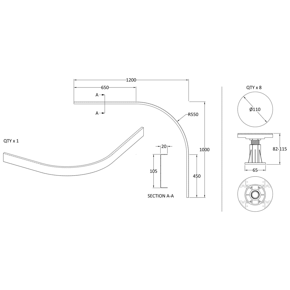 Nuie Leg & Plinth Set For 1000-1200mm Quadrant & Offset Quadrant Trays Grey Slate LEG6S LD