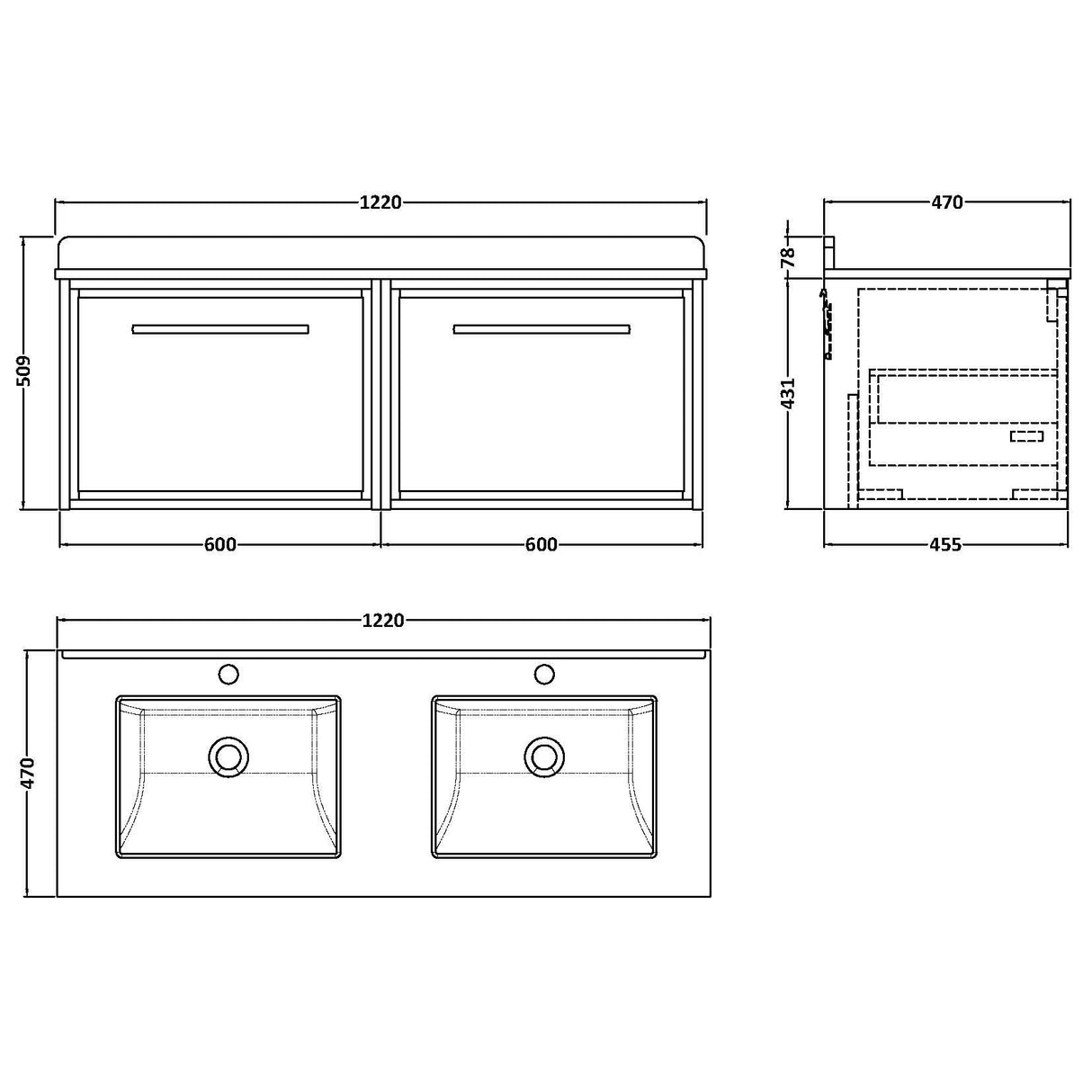 Hudson Reed Lille 1200mm Wall Hung Double Vanity Unit & Basin, 2 Drawers Graphite Grey LIL2222WS2 LD