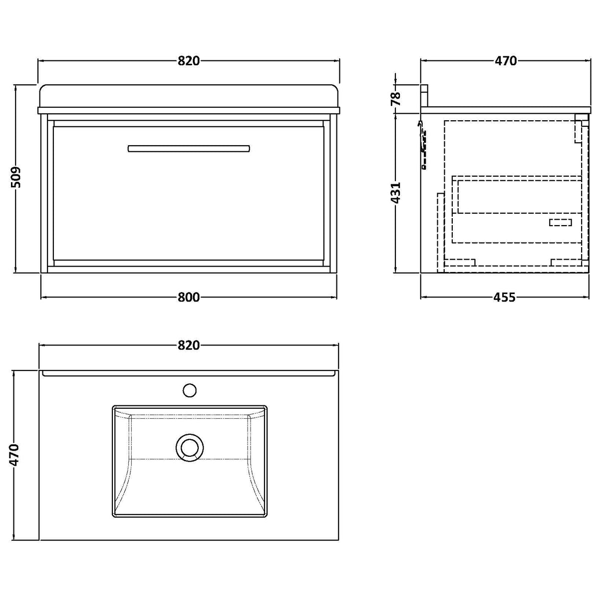 Hudson Reed Lille 800mm Wall Hung 1 Drawer Vanity Unit & Basin Graphite Grey LIL2225WS1 LD