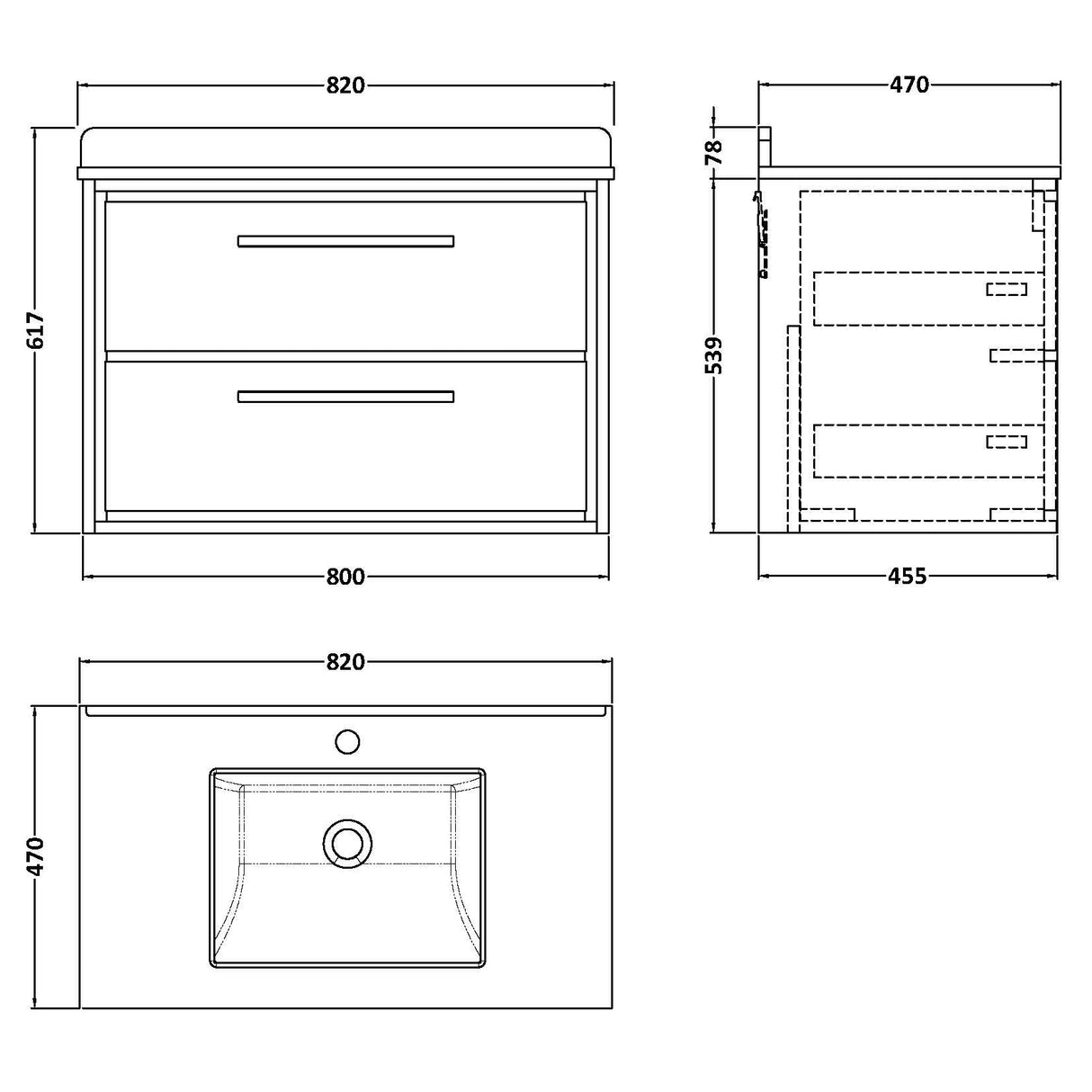 Hudson Reed Lille 800mm Wall Hung 2 Drawer Vanity Unit & Basin Graphite Grey LIL2226WS1 LD