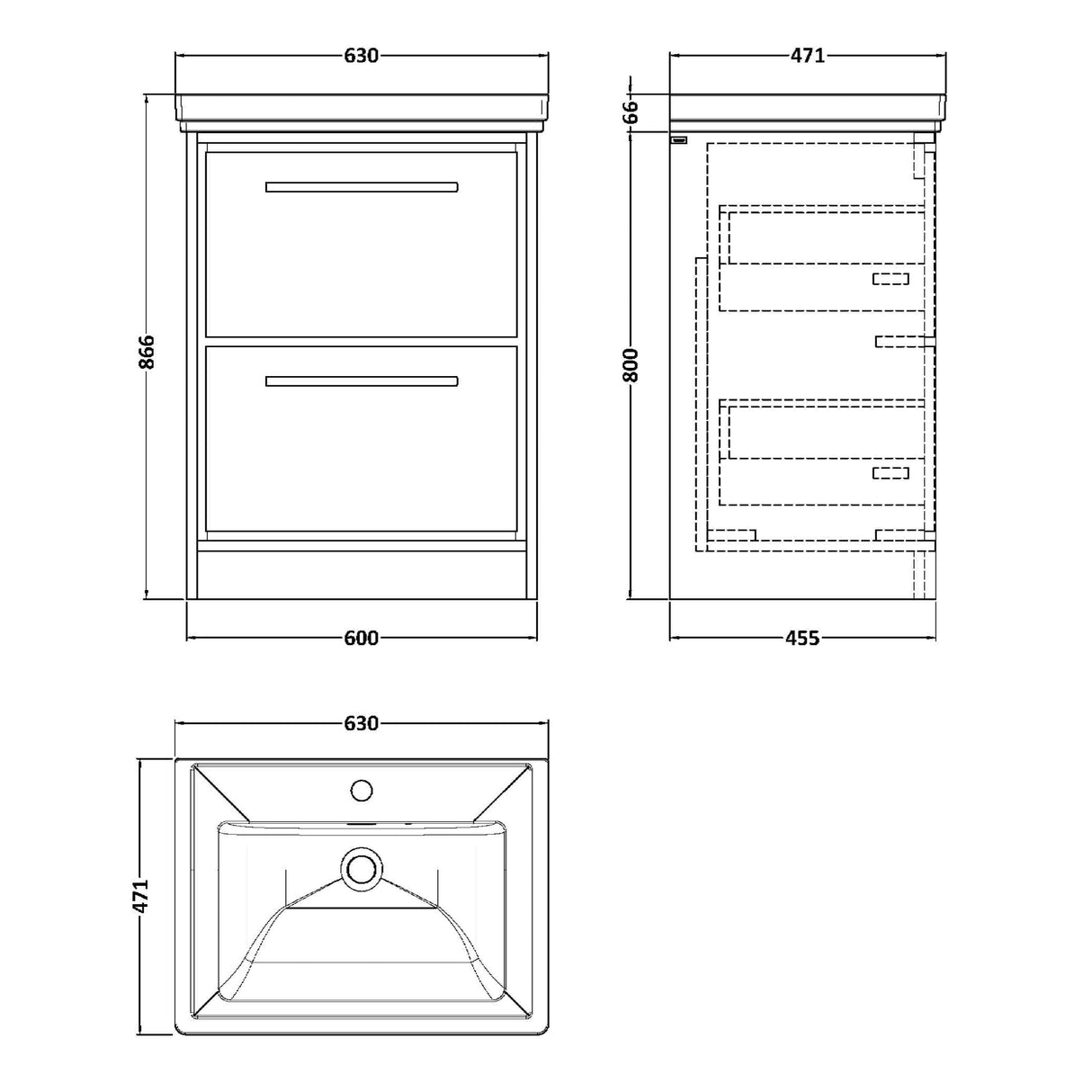 Hudson Reed Lille 600mm Freestanding 2 Drawer Vanity Unit & Basin Graphite Grey LIL2233A LD