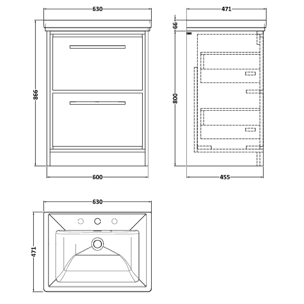 Hudson Reed Lille 600mm Freestanding 2 Drawer Vanity Unit & Basin Graphite Grey LIL2233B LD