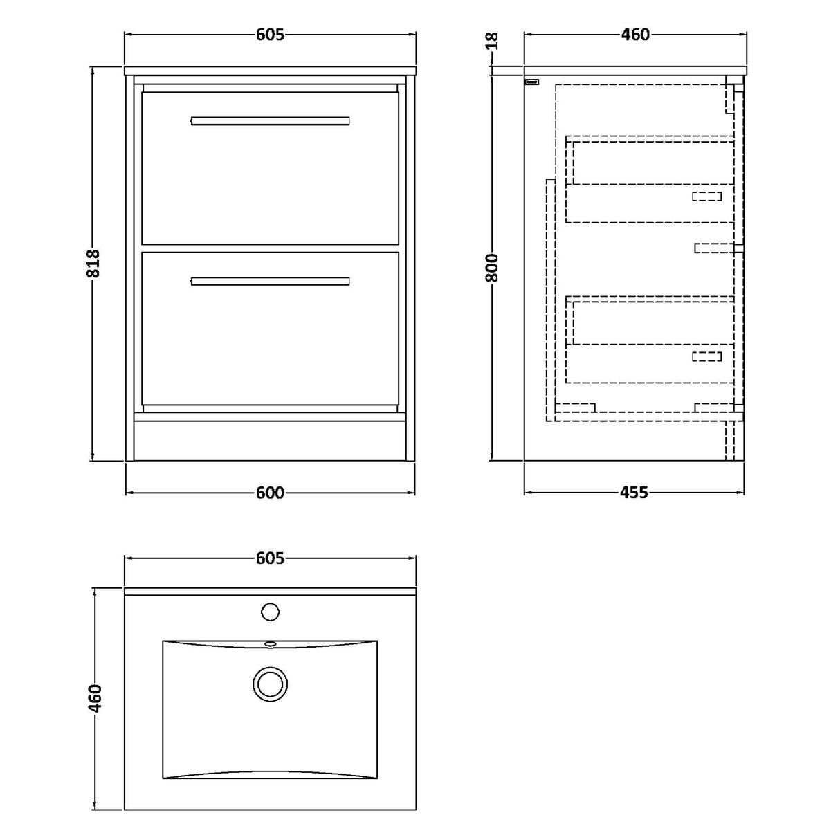 Hudson Reed Lille 600mm Freestanding 2 Drawer Vanity Unit & Basin Graphite Grey LIL2233C LD