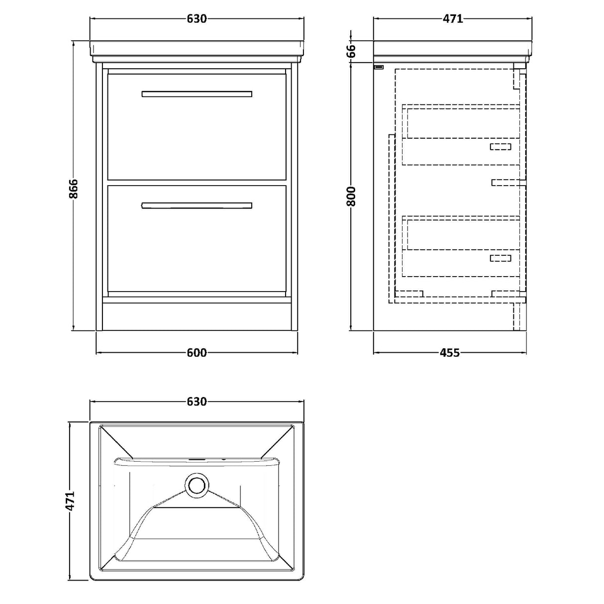 Hudson Reed Lille 600mm Freestanding 2 Drawer Vanity Unit & Basin