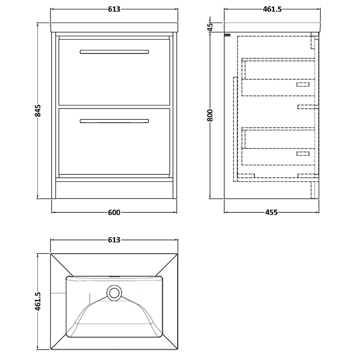 Hudson Reed Lille 600mm Freestanding 2 Drawer Vanity Unit & Basin Graphite Grey LIL2233K LD