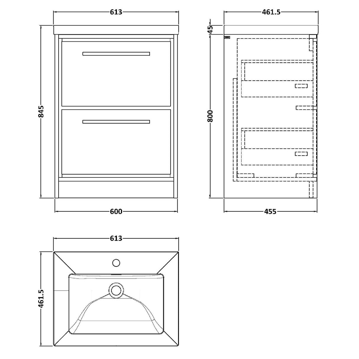Hudson Reed Lille 600mm Freestanding 2 Drawer Vanity Unit & Basin Graphite Grey LIL2233L LD