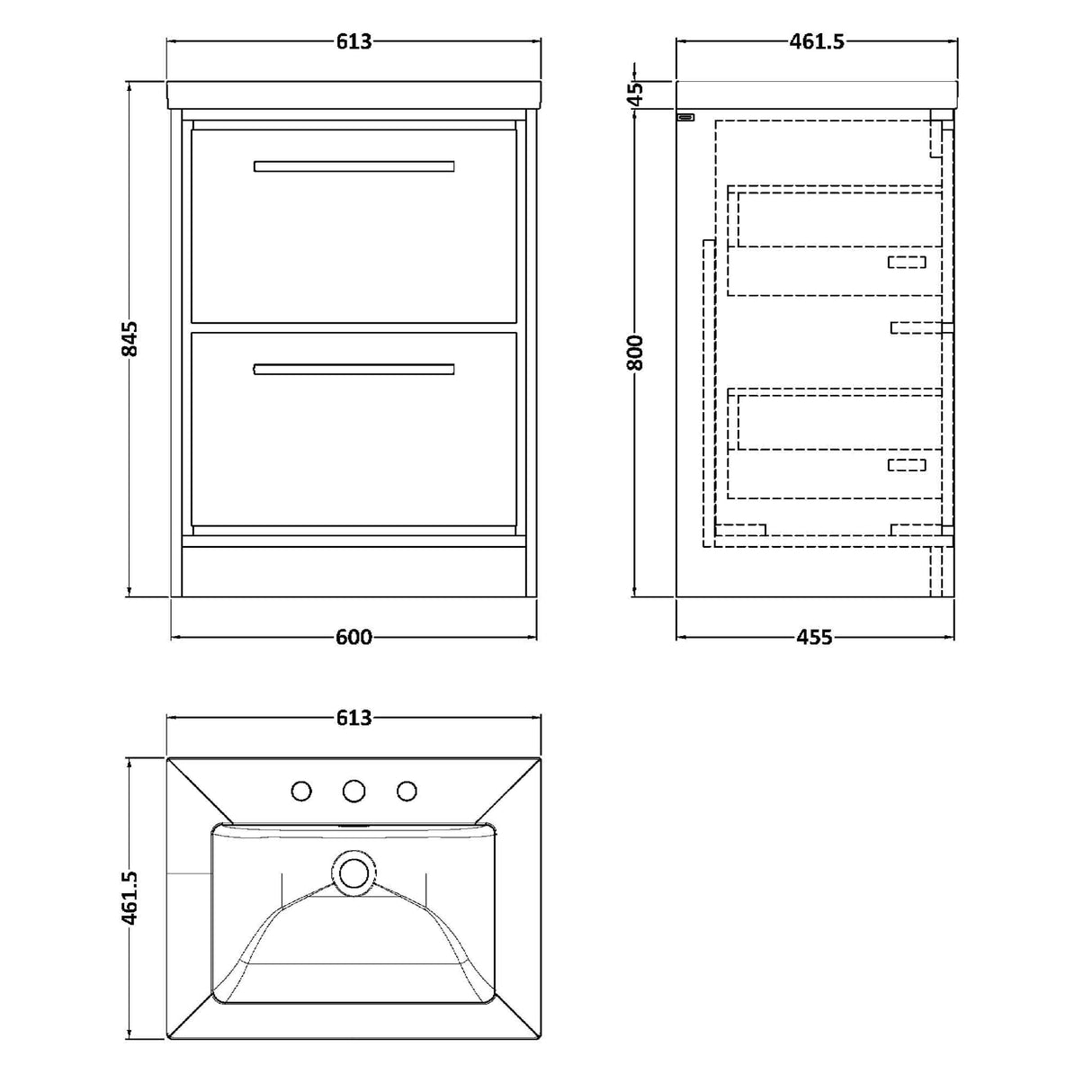 Hudson Reed Lille 600mm Freestanding 2 Drawer Vanity Unit & Basin Graphite Grey LIL2233M LD