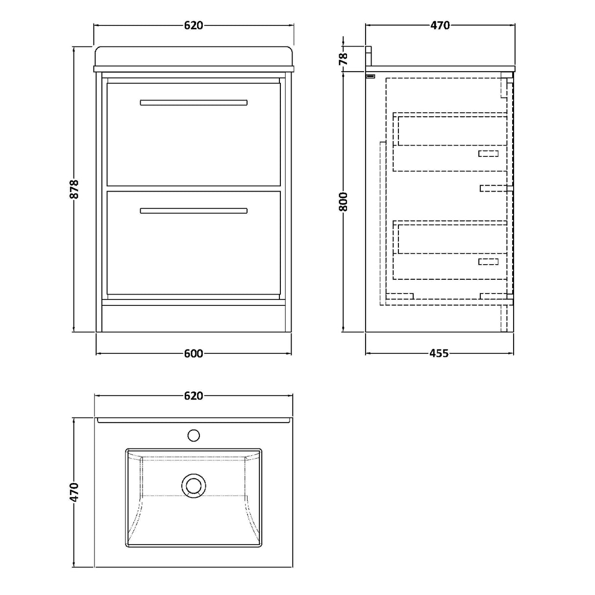 Hudson Reed Lille 600mm Freestanding 2 Drawer Vanity Unit & Basin Graphite Grey LIL2233WS1 LD