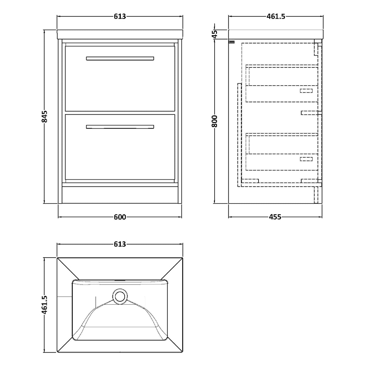 Hudson Reed Lille 600mm Freestanding 2 Drawer Vanity Unit & Basin Coastal Grey LIL2333K LD