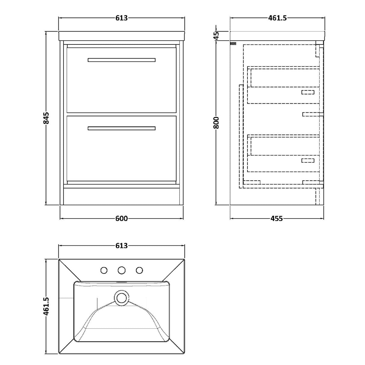 Hudson Reed Lille 600mm Freestanding 2 Drawer Vanity Unit & Basin Coastal Grey LIL2333M LD