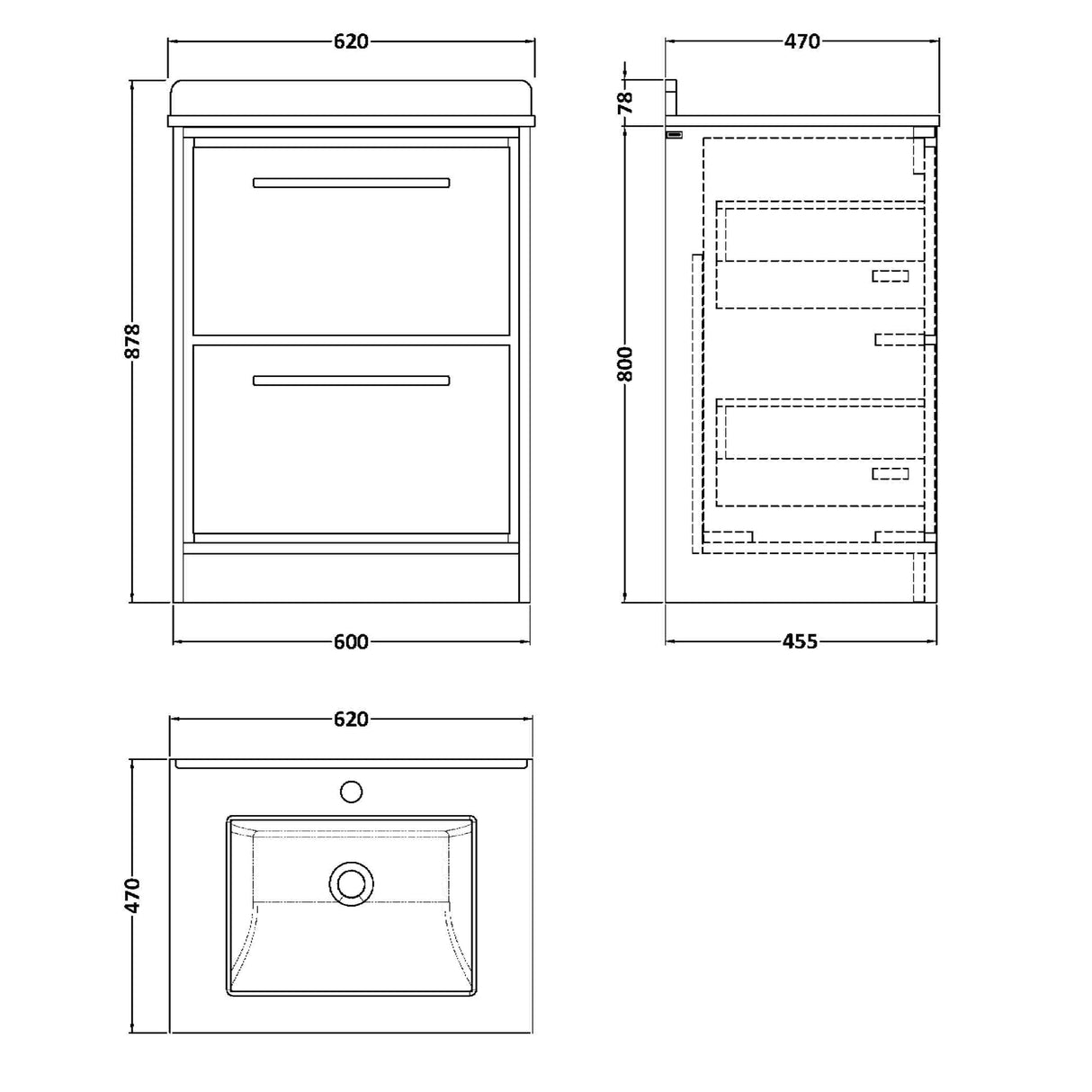 Hudson Reed Lille 600mm Freestanding 2 Drawer Vanity Unit & Basin Coastal Grey LIL2333WS1 LD