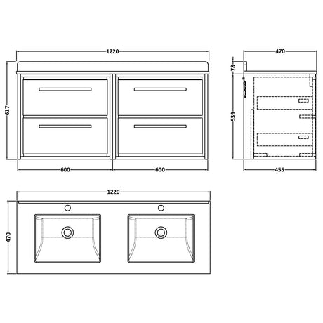 Hudson Reed Lille 1200mm Wall Hung Double Vanity Unit & Basin, 4 Drawers Antique Oak LIL2724WS2 LD
