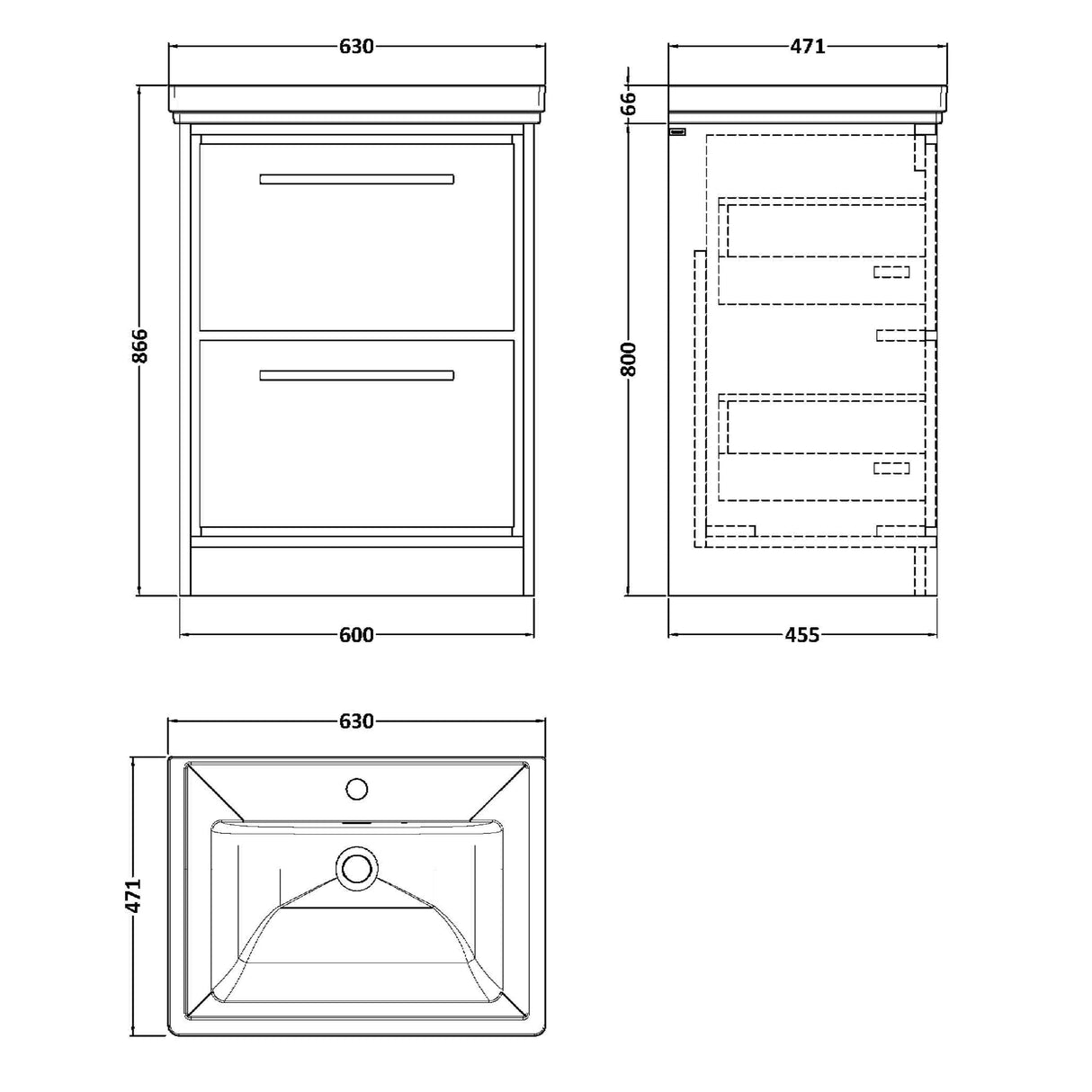 Hudson Reed Lille 600mm Freestanding 2 Drawer Vanity Unit & Basin Antique Oak LIL2733A LD