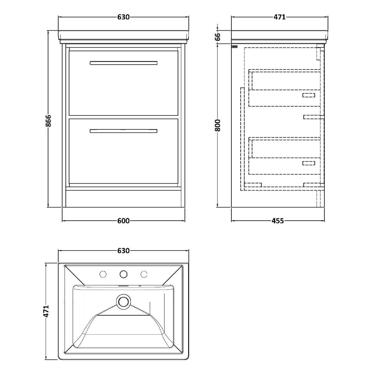 Hudson Reed Lille 600mm Freestanding 2 Drawer Vanity Unit & Basin Antique Oak LIL2733B LD