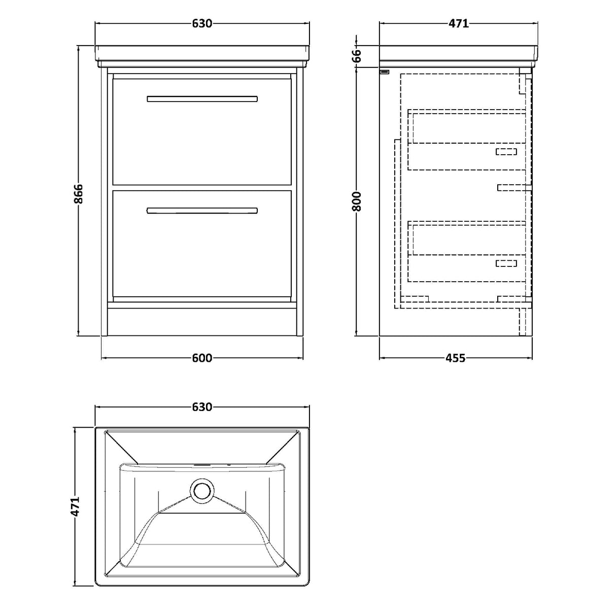 Hudson Reed Lille 600mm Freestanding 2 Drawer Vanity Unit & Basin Antique Oak LIL2733H LD