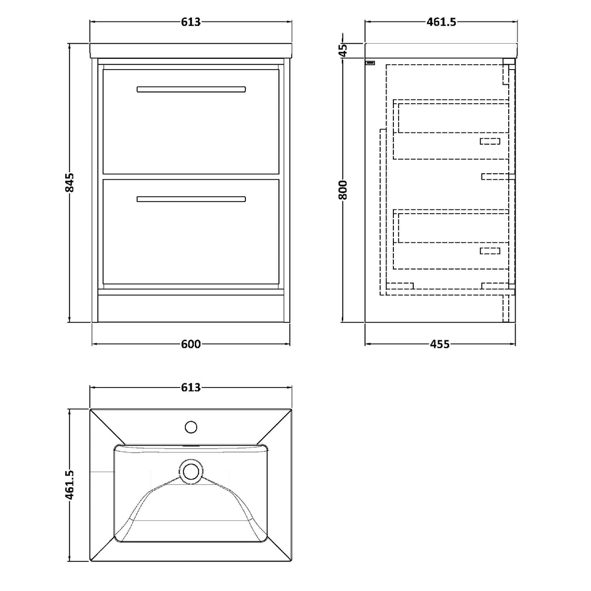 Hudson Reed Lille 600mm Freestanding 2 Drawer Vanity Unit & Basin Antique Oak LIL2733L LD
