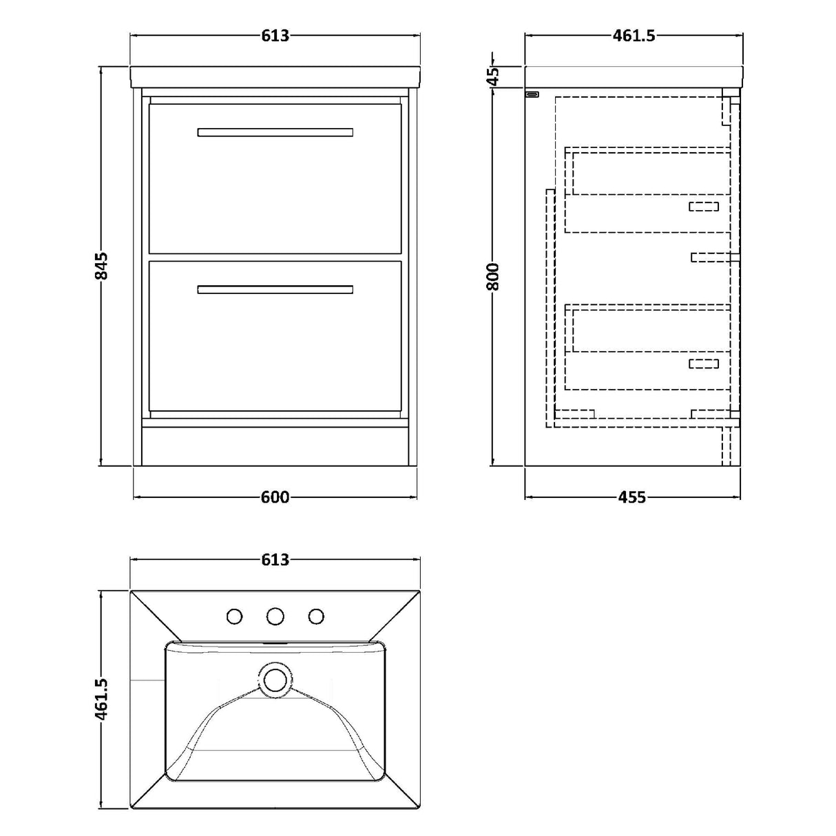 Hudson Reed Lille 600mm Freestanding 2 Drawer Vanity Unit & Basin Antique Oak LIL2733M LD