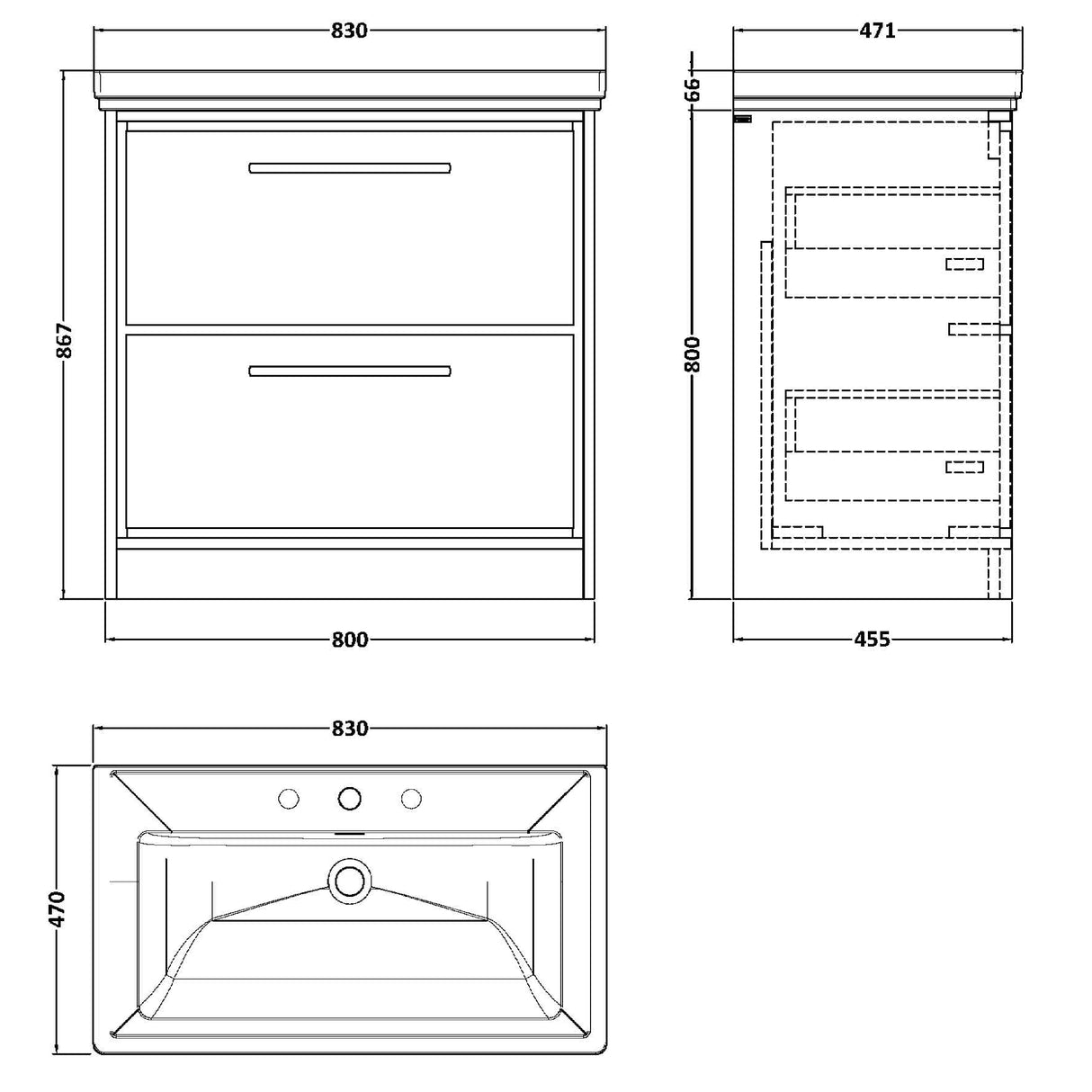 Hudson Reed Lille 800mm Freestanding 2 Drawer Vanity Unit & Basin Antique Oak LIL2735B LD