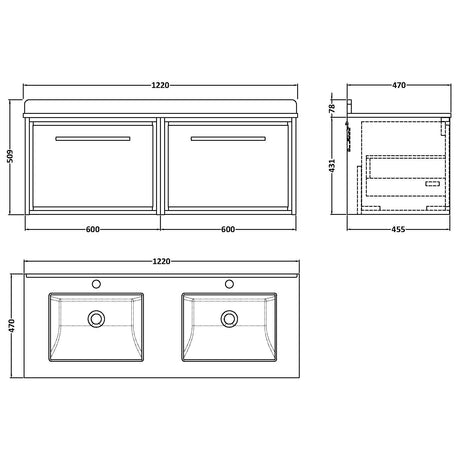 Hudson Reed Lille 1200mm Wall Hung Double Vanity Unit & Basin, 2 Drawers Bleached Oak LIL3022WS2 LD