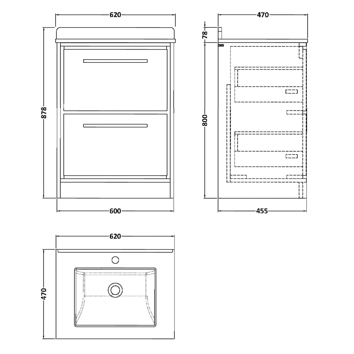 Hudson Reed Lille 600mm Freestanding 2 Drawer Vanity Unit & Basin Bleached Oak LIL3033WS1 LD
