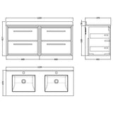 Hudson Reed Lille 1200mm Wall Hung Double Vanity Unit & Basin, 4 Drawers Pebble Grey LIL3224WS2 LD