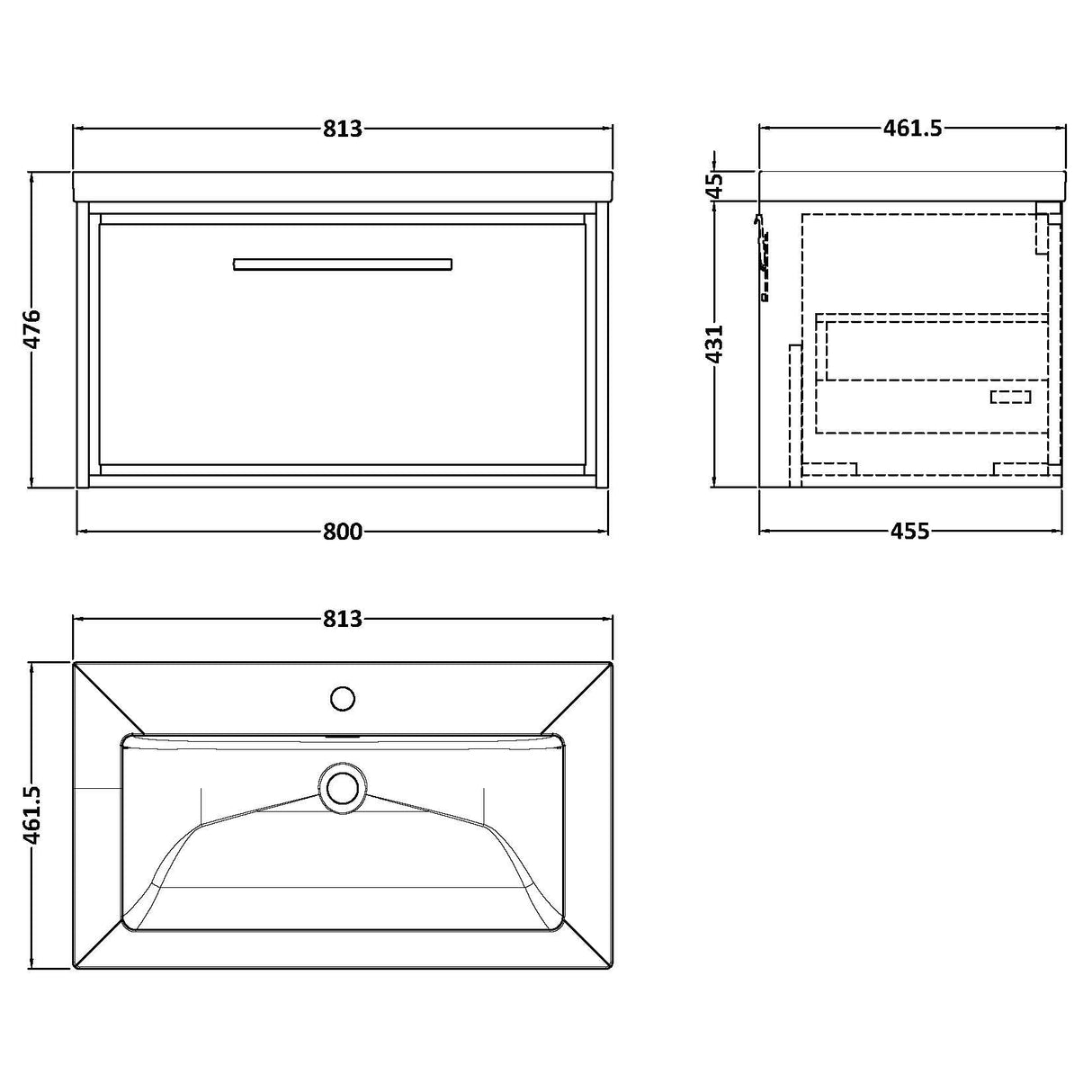 Hudson Reed Lille 800mm Wall Hung 1 Drawer Vanity Unit & Basin Pebble Grey LIL3225L LD