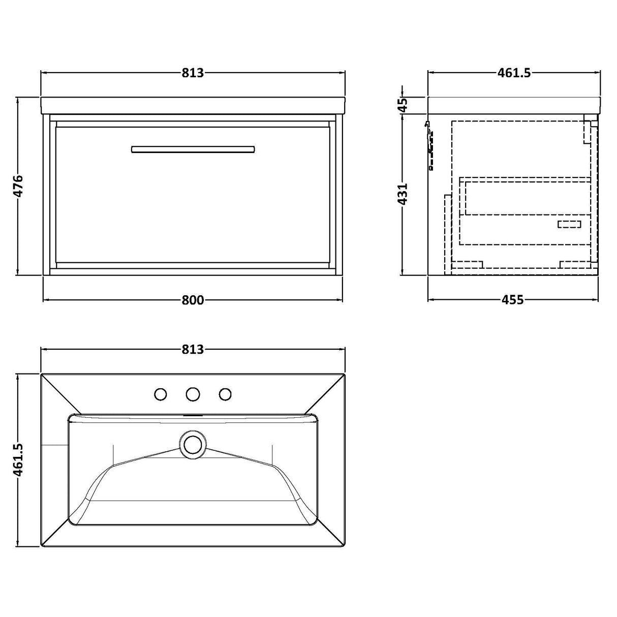 Hudson Reed Lille 800mm Wall Hung 1 Drawer Vanity Unit & Basin Pebble Grey LIL3225M LD