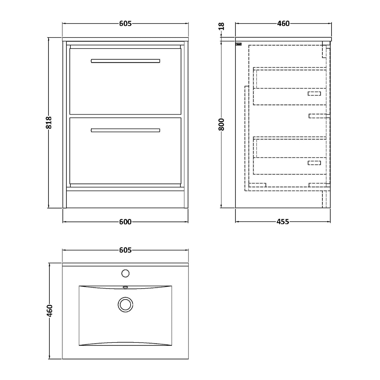 Hudson Reed Lille 600mm Freestanding 2 Drawer Vanity Unit & Basin Pebble Grey LIL3233C LD